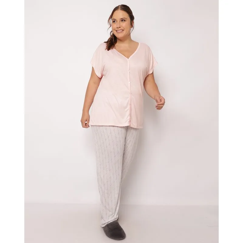 Pijama Plus Size Feminino Longo com Botões Rosa 48
