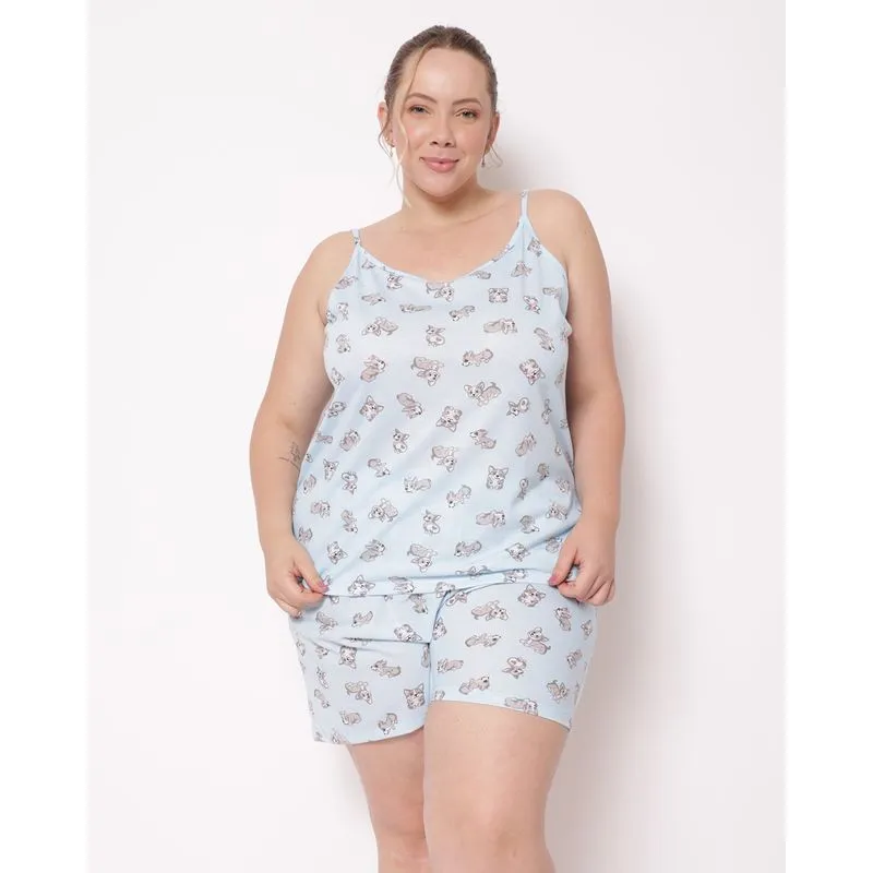 Pijama Plus Size Feminino Curto Estampado Cachorrinhos Azul 48