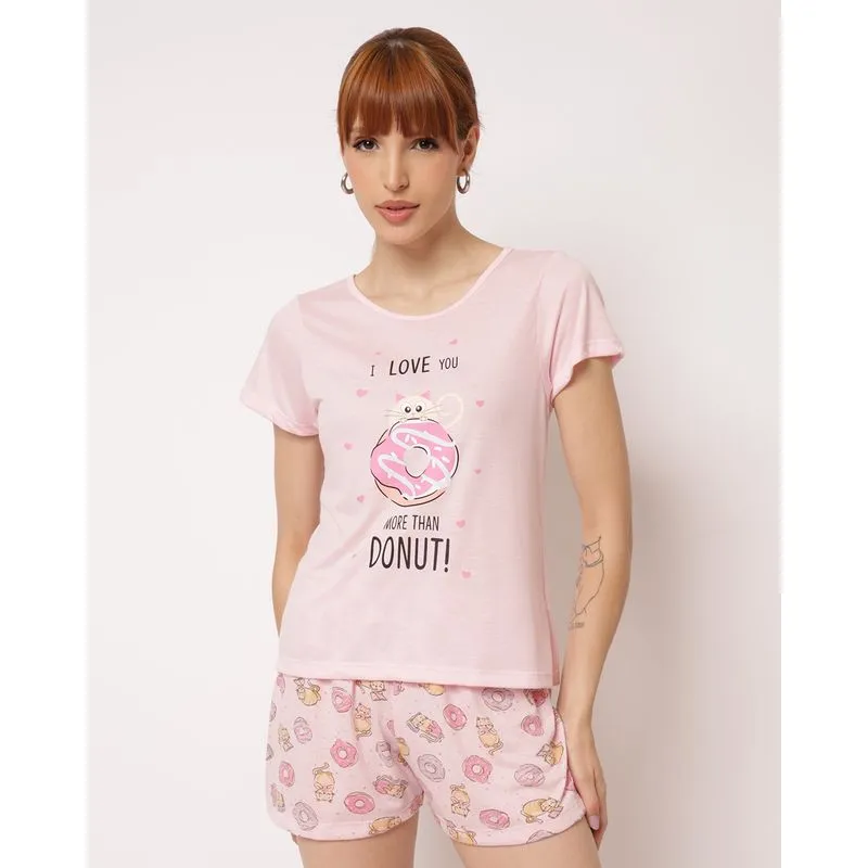 Pijama Feminino Curto Estampado Gatinhos Donuts Rosa GG