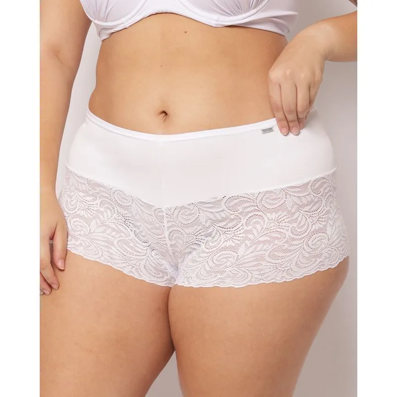 Calcinha Plus Size Feminina Caleçon Poliamida com Renda Branca 46