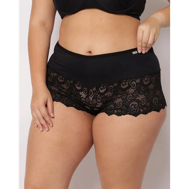 Calcinha Plus Size Feminina Caleçon Poliamida com Renda Preta 46