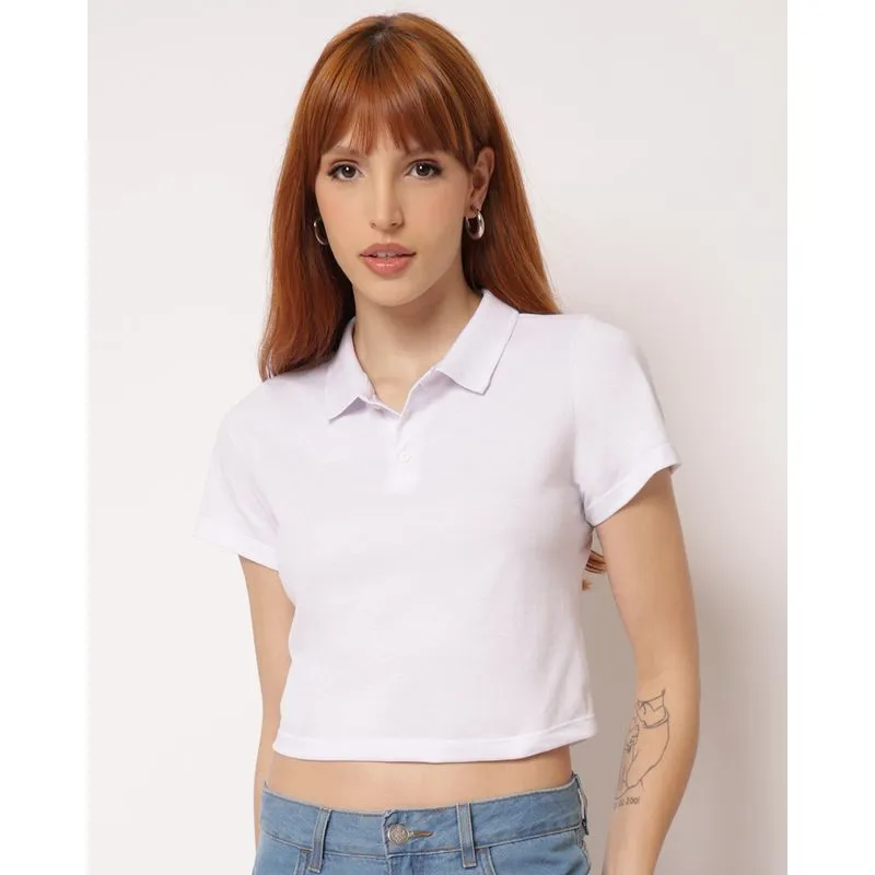 Blusa Polo Feminina Cropped Básica Branca P
