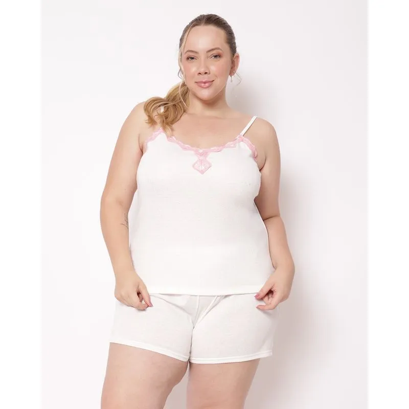 Pijama Plus Size Feminino Curto Texturizado Poá Renda Off White 36