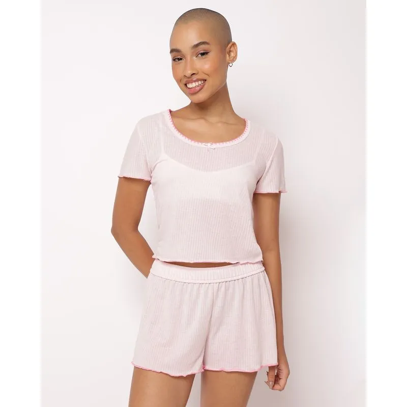 Pijama Feminino Curto Cropped Canelado Rosa XG