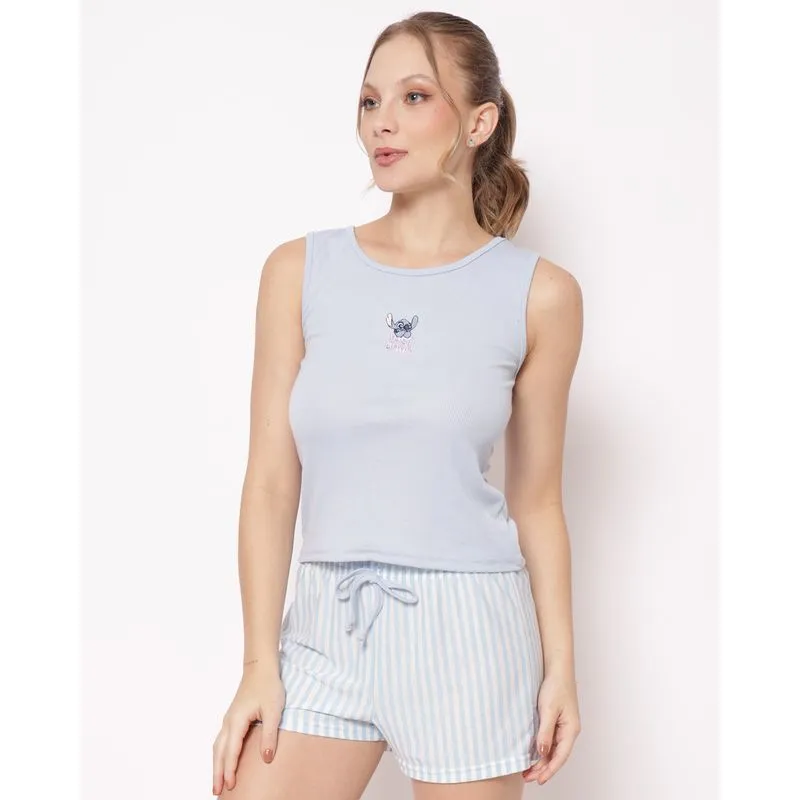 Pijama Feminino Curto Regata Ribana Disney Stitch Azul XG