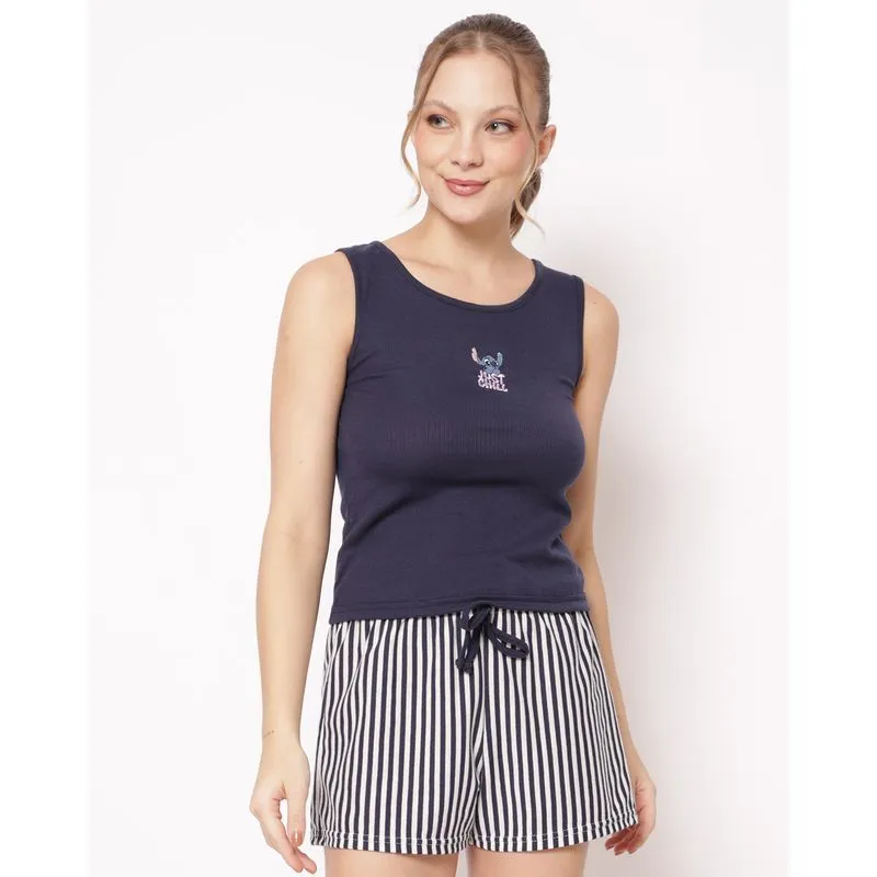 Pijama Feminino Curto Regata Ribana Disney Stitch Marinho XG