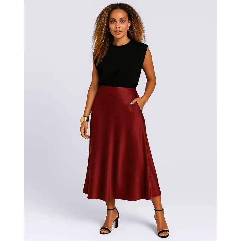 Saia Feminina Longa Acetinada Vinho G