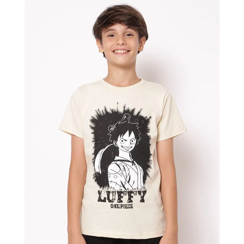 Camiseta Juvenil Anime Luffy One Piece Manga Curta Bege 12