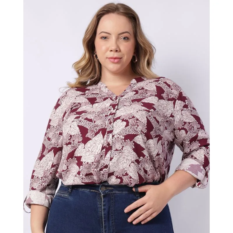 Camisa Plus Size Feminina Berry & Co. Viscose Floral Vinho G3