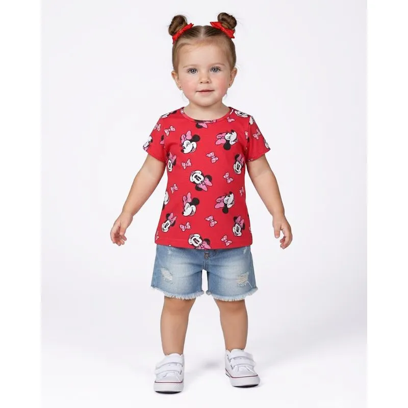 Camiseta Bebê Algodão Disney Minnie Manga Curta Vermelha 2