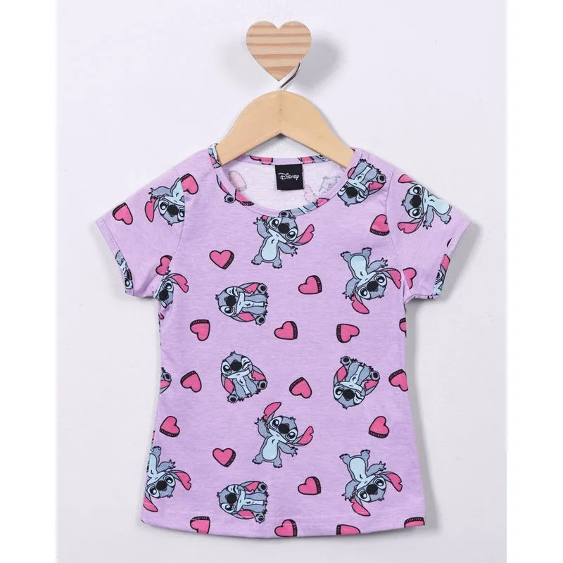 Blusa Bebe Algodão Manga Curta Estampada Disney Stitch Lilas 2