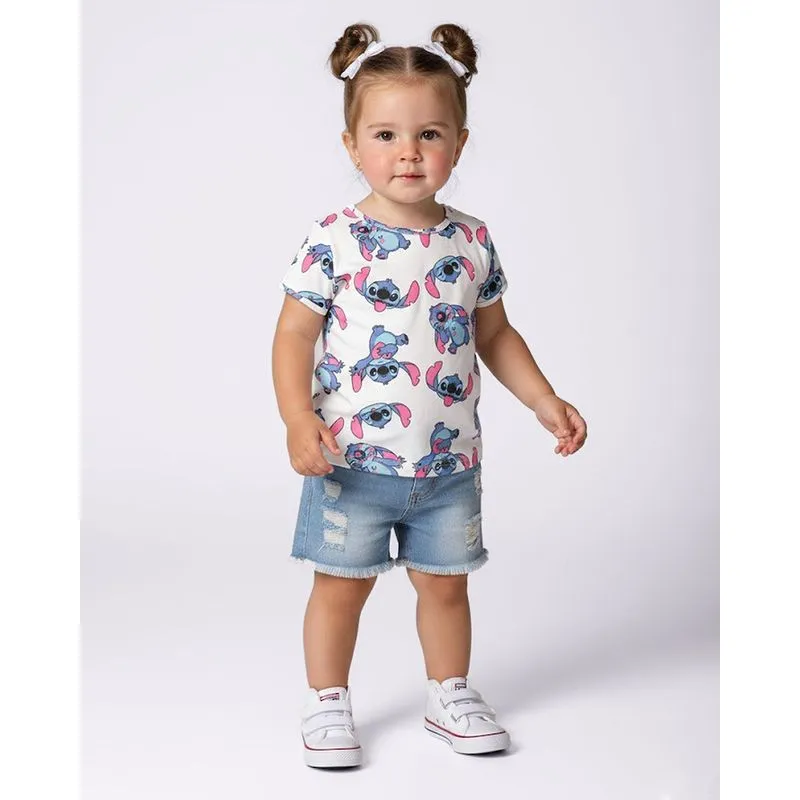 Camiseta Bebê Algodão Disney Stitch Manga Curta Off White 2