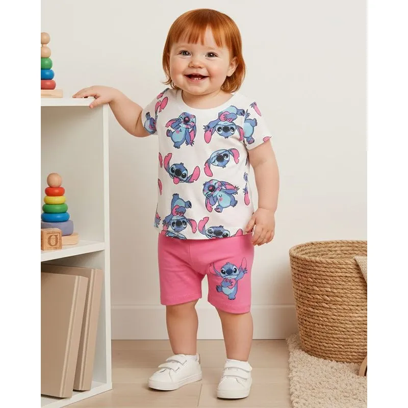 Conjunto Bebê Algodão Estampado Disney Stitch Off White M