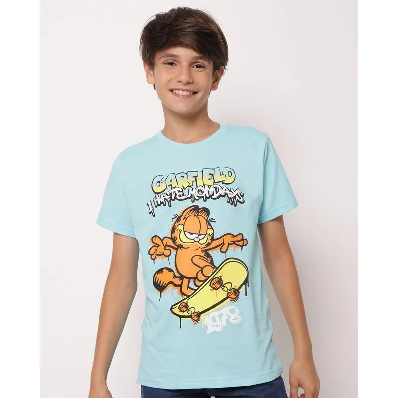 Camiseta Juvenil Algodão Manga Curta Estampa Garfield Azul 14