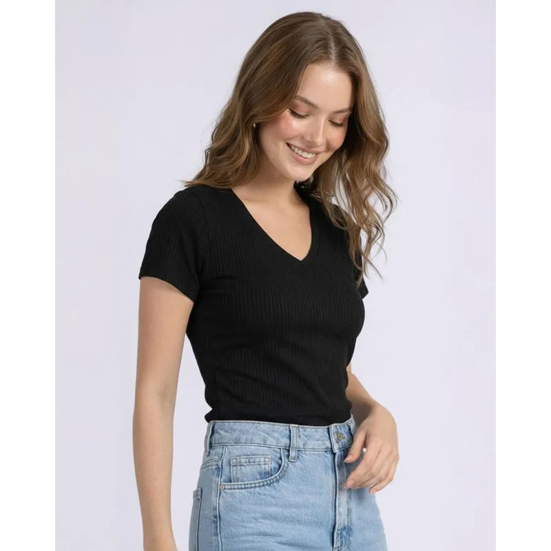 Blusa Feminina Canelada Decote V Preto PP