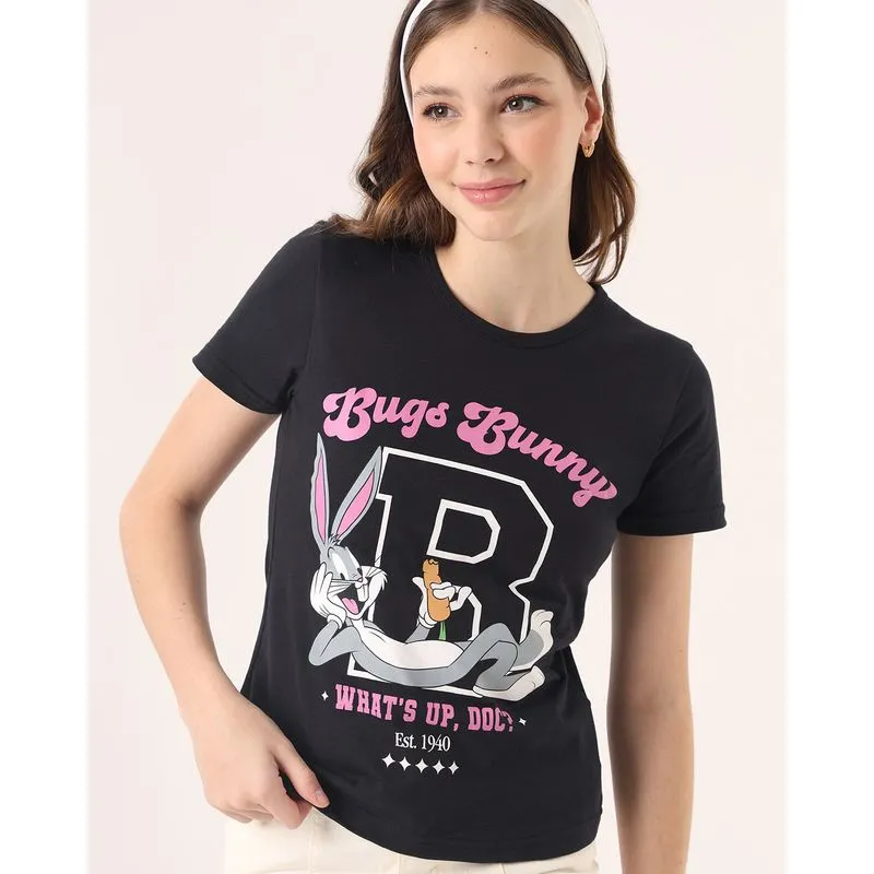 Blusa Juvenil Estampa Pernalonga Manga Curta Preta 18
