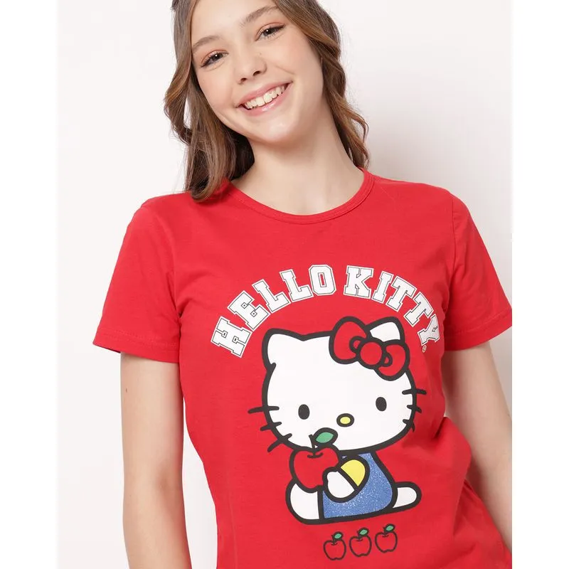 Camiseta Juvenil Algodão Hello Kitty Vermelha 10