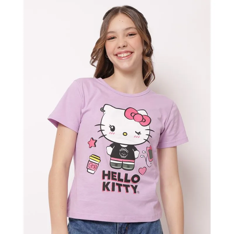 Camiseta Juvenil Algodão Estampa Hello Kitty Lilás 10