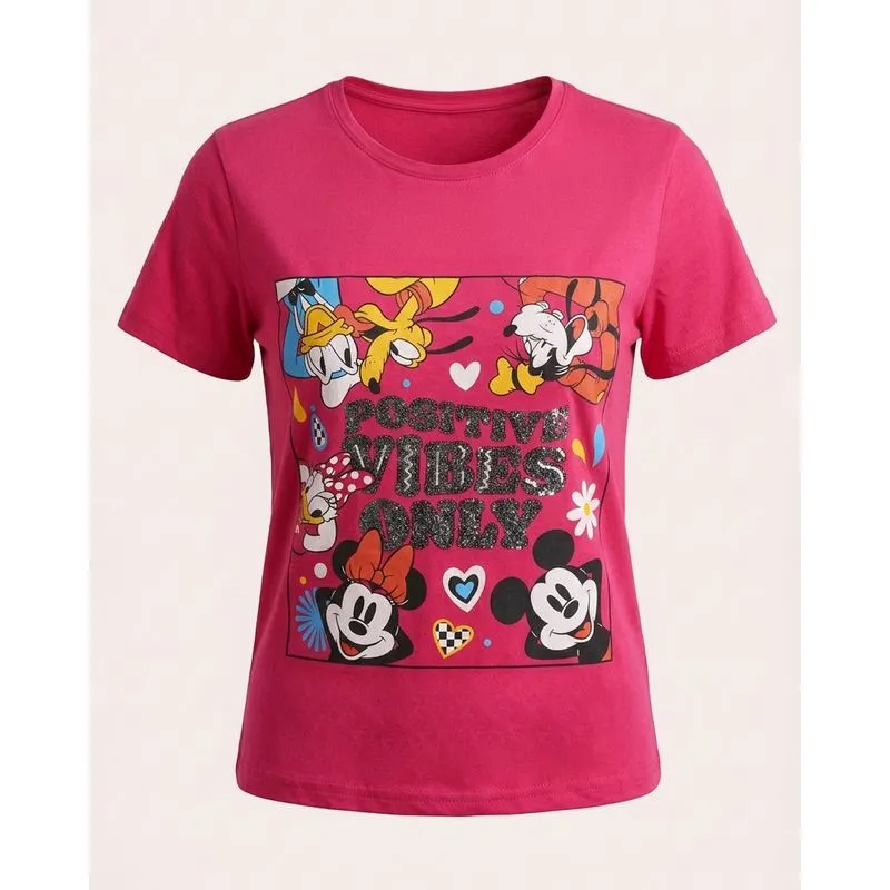 Camiseta Juvenil Algodão Disney Mickey e Amigos Rosa 14