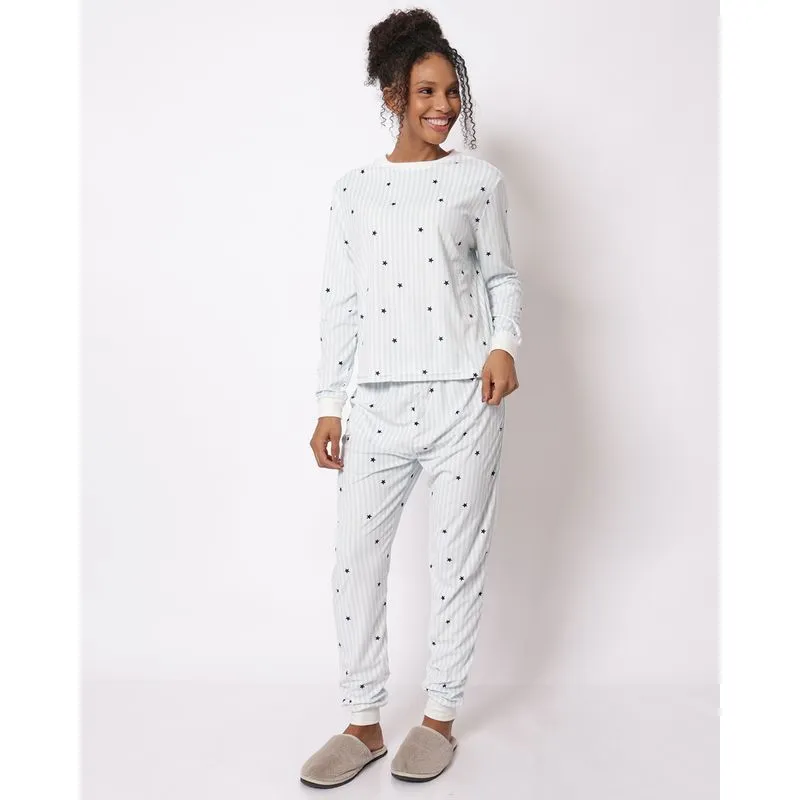 Pijama Feminino Longo Plush Listrado com Estrelas Azul P