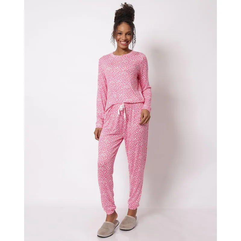 Pijama Feminino Longo Estampado Corações Rosa P