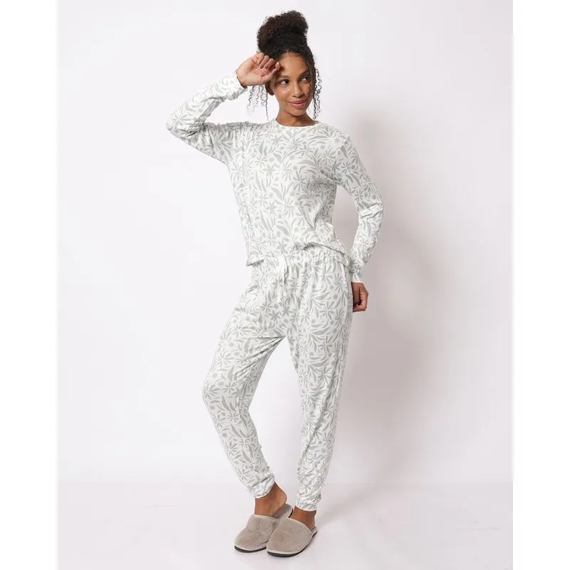 Pijama Feminino Longo Estampa Folhagem Off White G