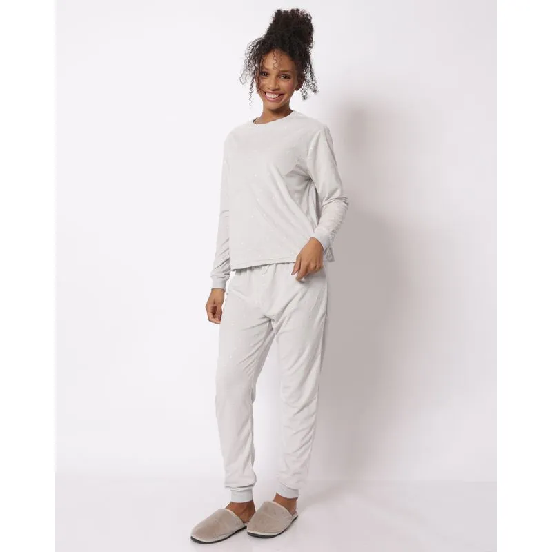 Pijama feminino longo Plush Estampa Estrelas Cinza M