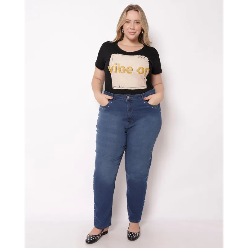 Calça Jeans Plus Size Feminina Reta com Tachas Azul 44