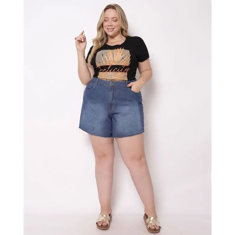 Bermuda Jeans Plus Size Feminina Reta Barra Desfiada Tachas Azul 42