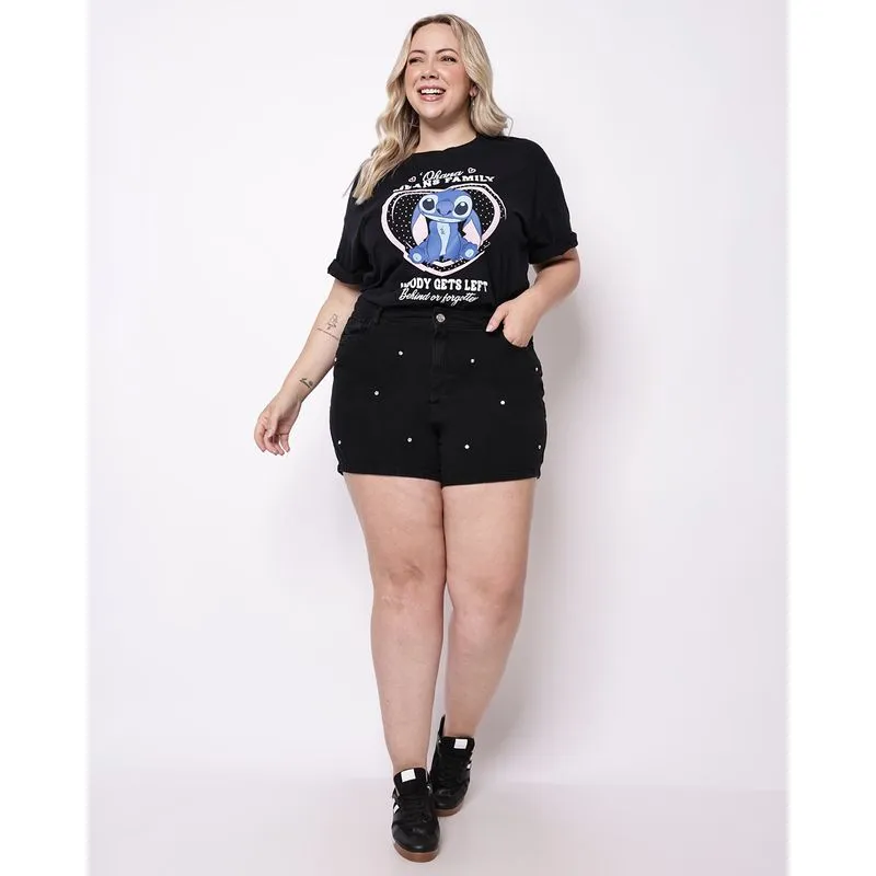 Short Sarja Feminino Plus Size com Aplicação Strass Bolsos Preto 52