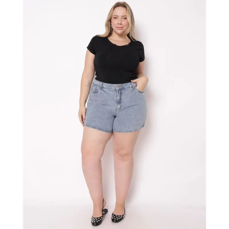 Bermuda Jeans Plus Size Feminina Reta com Aplicação Strass Azul 46