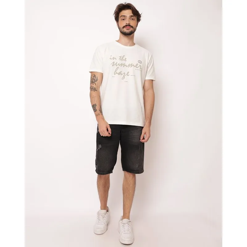 Bermuda Jeans Masculina Reta com Puídos Bolsos Preta 40