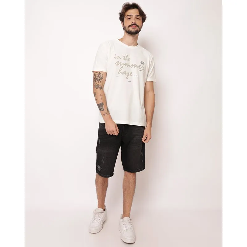 Bermuda Jeans Masculina Reta com Puídos Preta 58