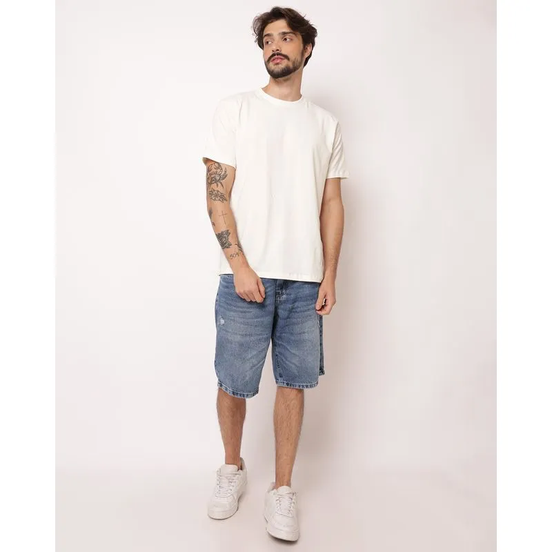 Bermuda Jeans Masculina Reta com Puídos Bolsos Azul 52