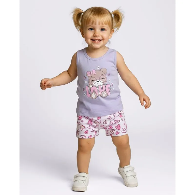 Conjunto Bebê Regata com Short Estampado Urso e Corações Lilás 3