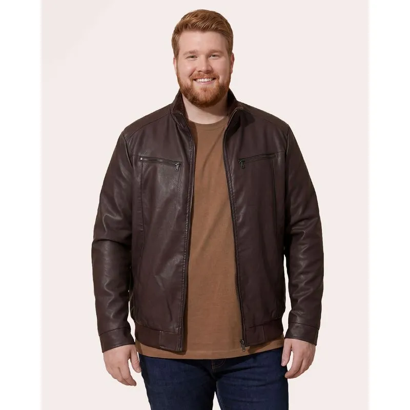 Jaqueta Plus Size Masculina PU Peluciada Com Bolsos Marrom G3