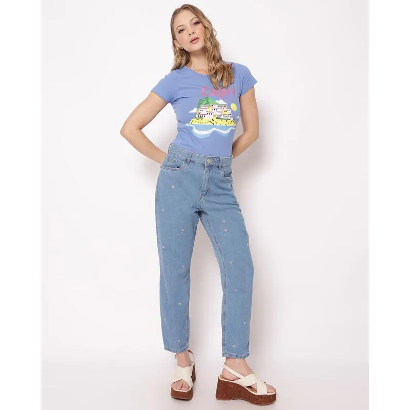 Calça Jeans Feminina Mom com Pingos Bordados Bolsos Azul 58
