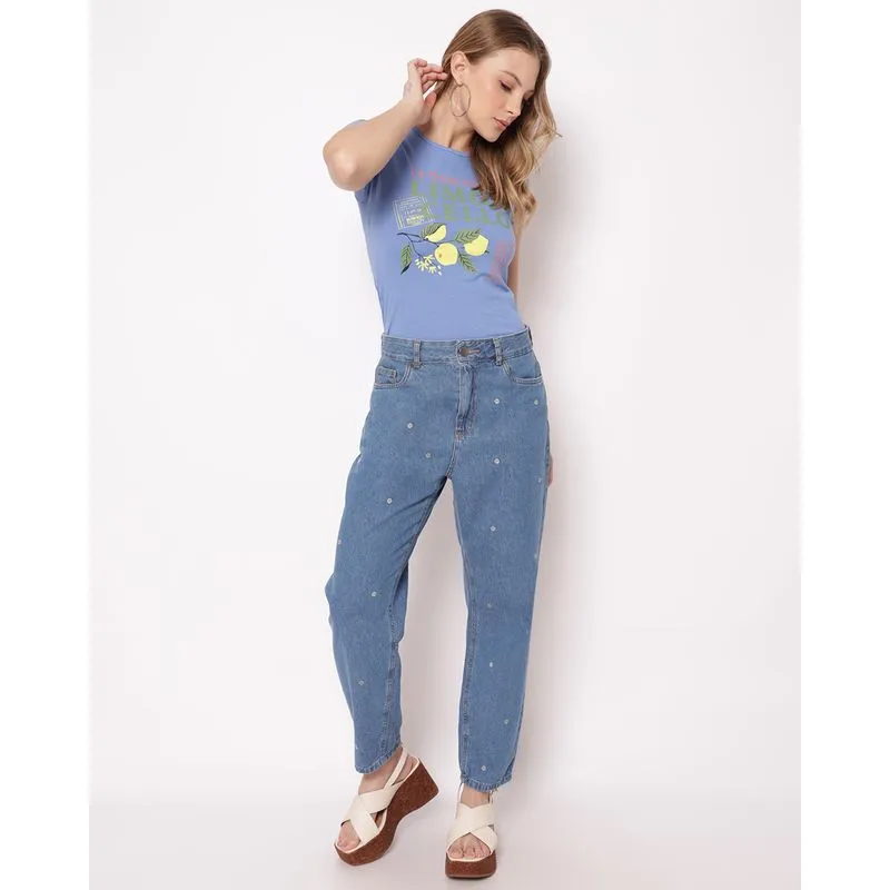 Calça Jeans Feminina Mom com Pingos Bordados Bolsos Azul 36