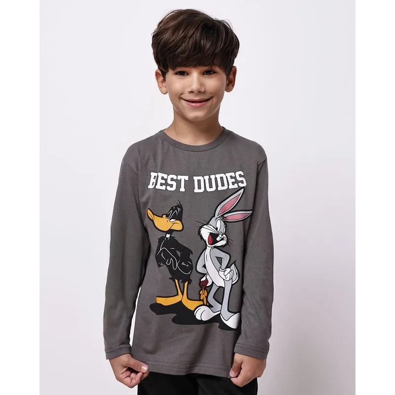 Camiseta Infantil Manga Longa Looney Tunes Cinza 10