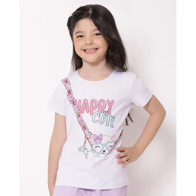 Blusa Infantil Estampa Bolsinha de Gatinho Branca UN