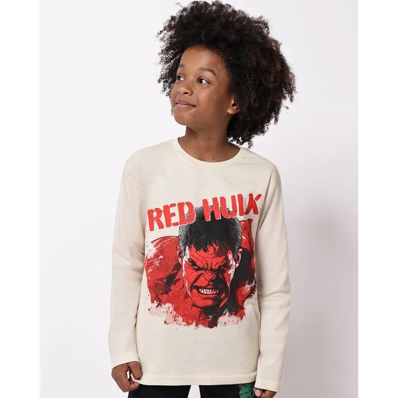 Camiseta Infantil Manga Longa Algodão Hulk Bege 10