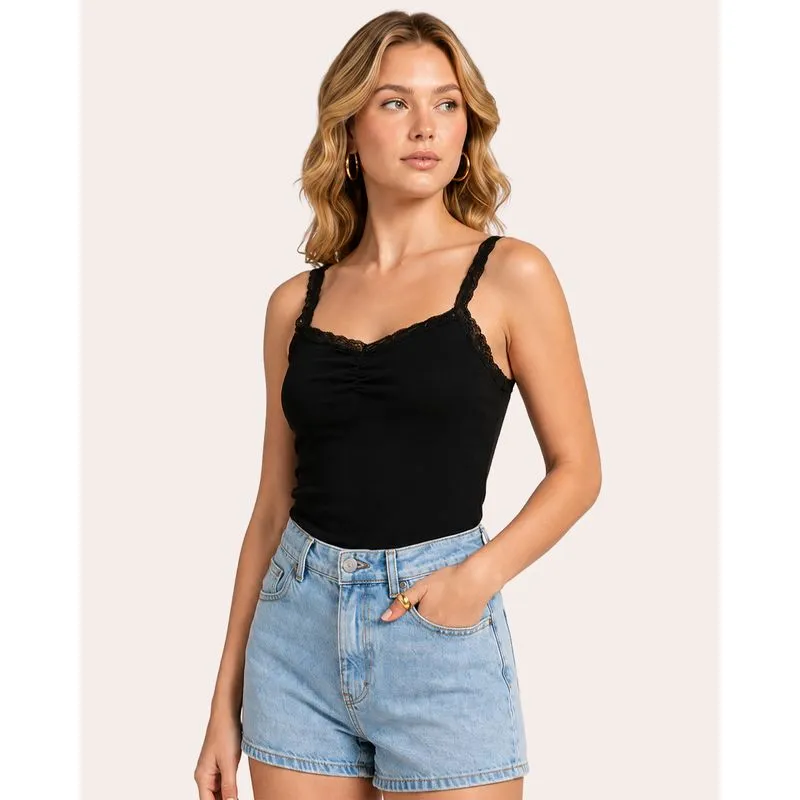 Blusa Feminina com Alcinha De Renda Franzida Preta G