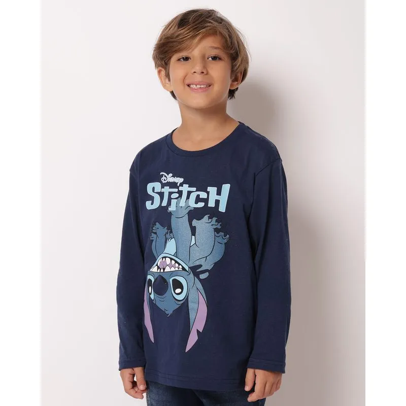 Camiseta Infantil Manga Longa Disney Stitch Marinho 10