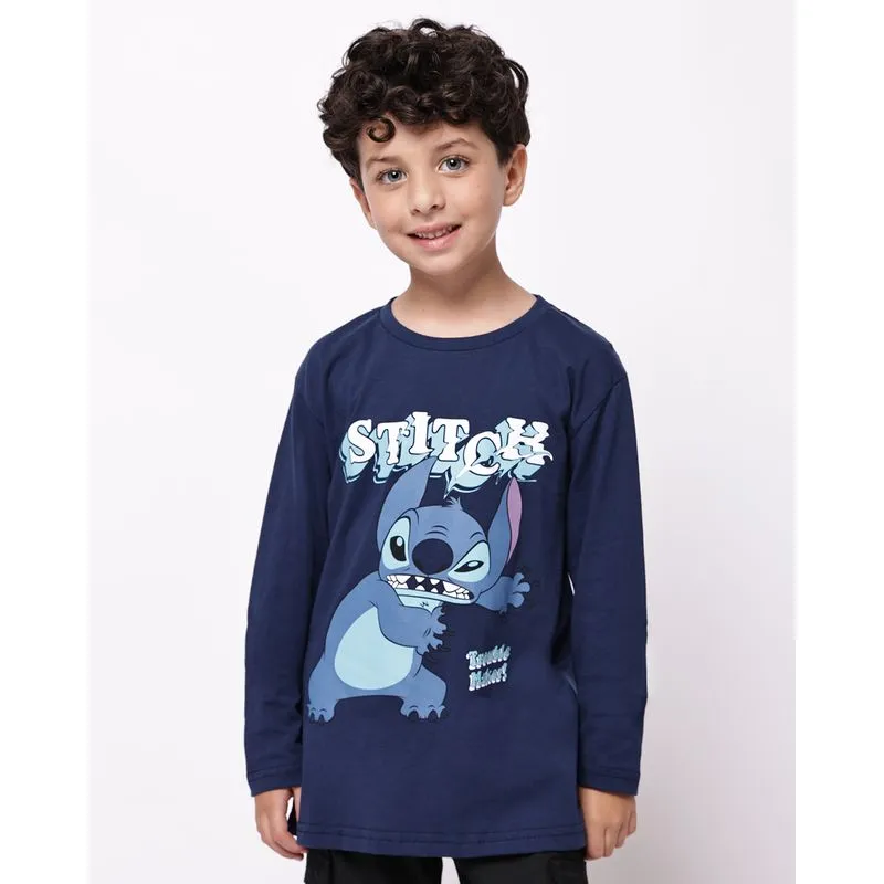 Camiseta Infantil Algodão Manga Longa Disney Stitch Marinho 8