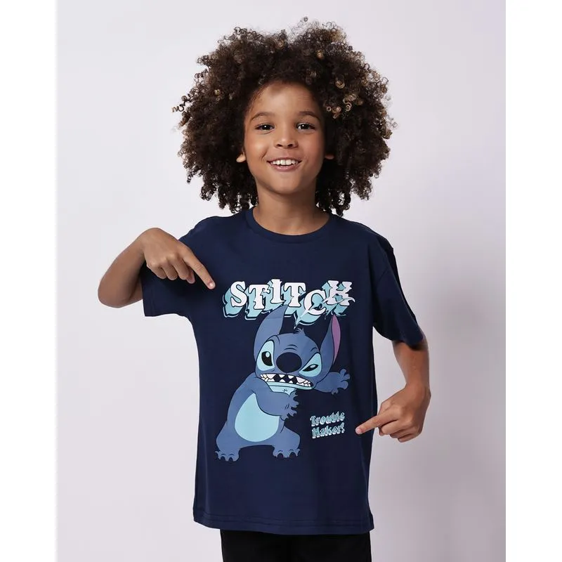 Camiseta Infantil Algodão Estampa Disney Stitch Marinho 4