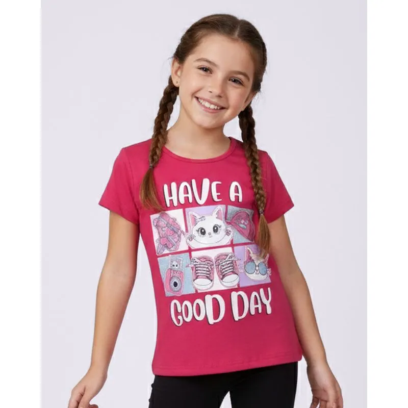 Blusa Infantil Algodão Estampa Gatinho Manga Curta Rosa 6