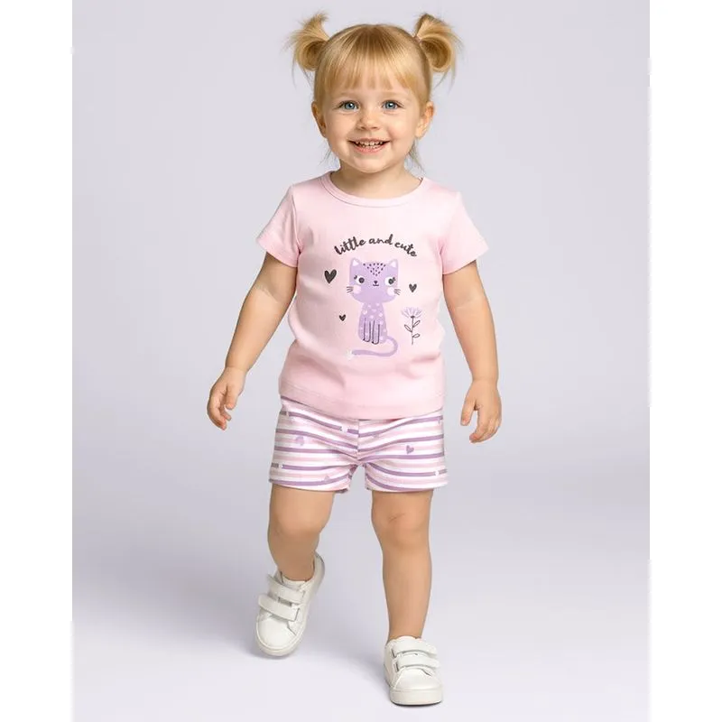 Conjunto Bebê Curto Algodão Estampa Gatinha Rosa M