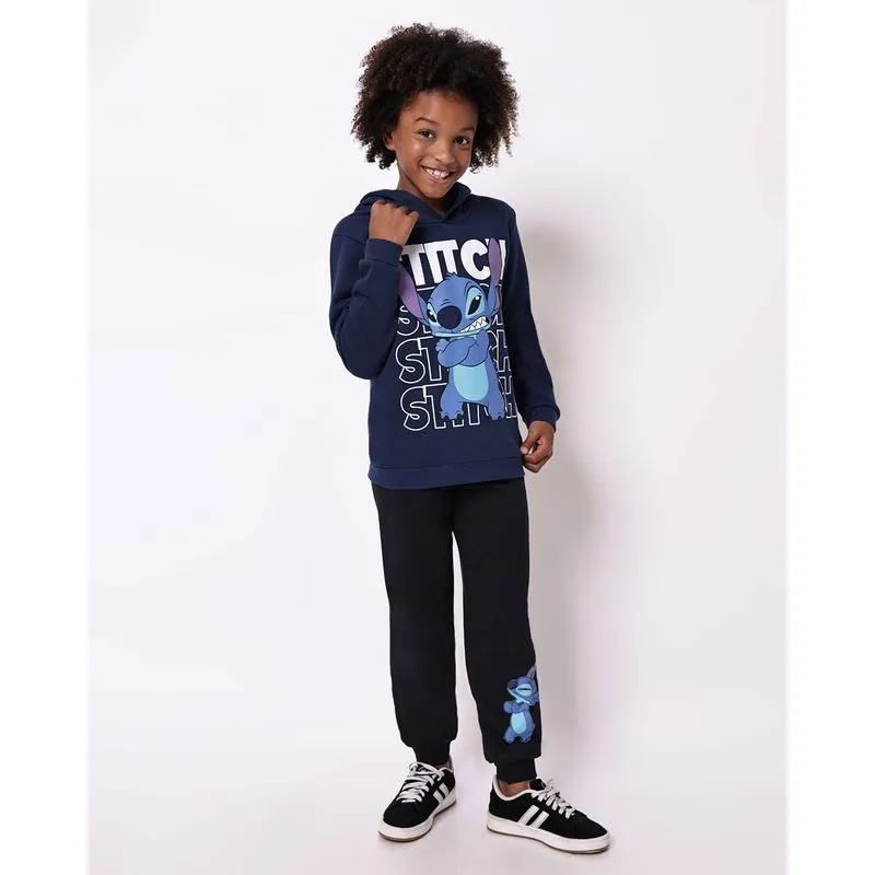 Conjunto Moletom Infantil com Capuz Algodão Stitch Marinho 6