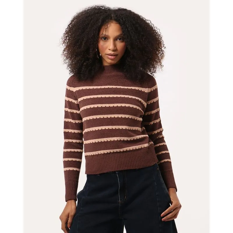 Suéter Feminino Tricô Listrado Manga Longa Marrom P