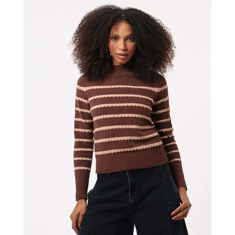 Suéter Feminino Tricô Listrado Manga Longa Marrom GG
